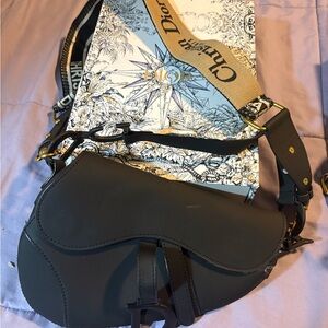 Dior Black Saddle Bag with Tan Strap